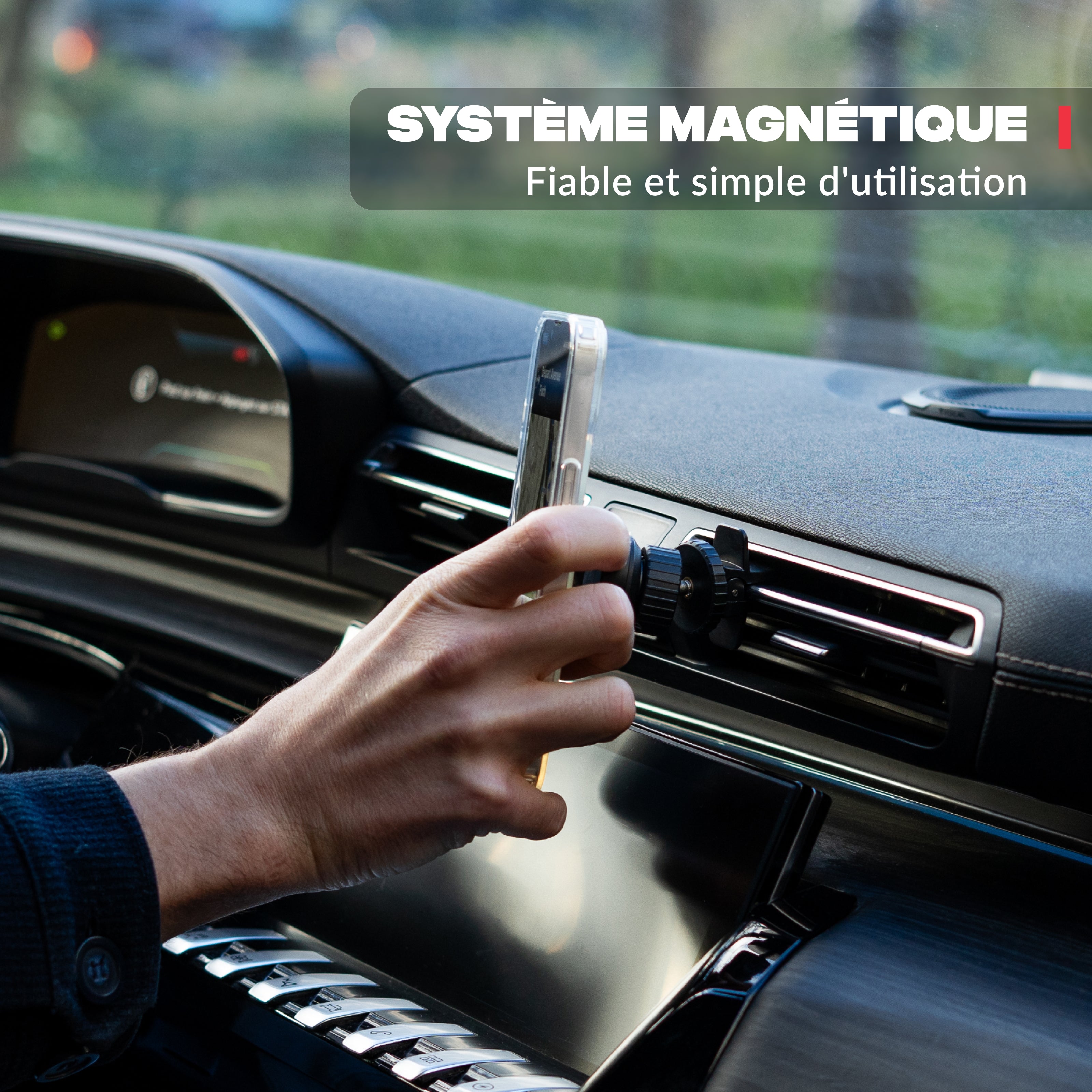 Shapeheart car phone mount fixed to the air vent, smartphone in GPS navigation mode inside the cabin.