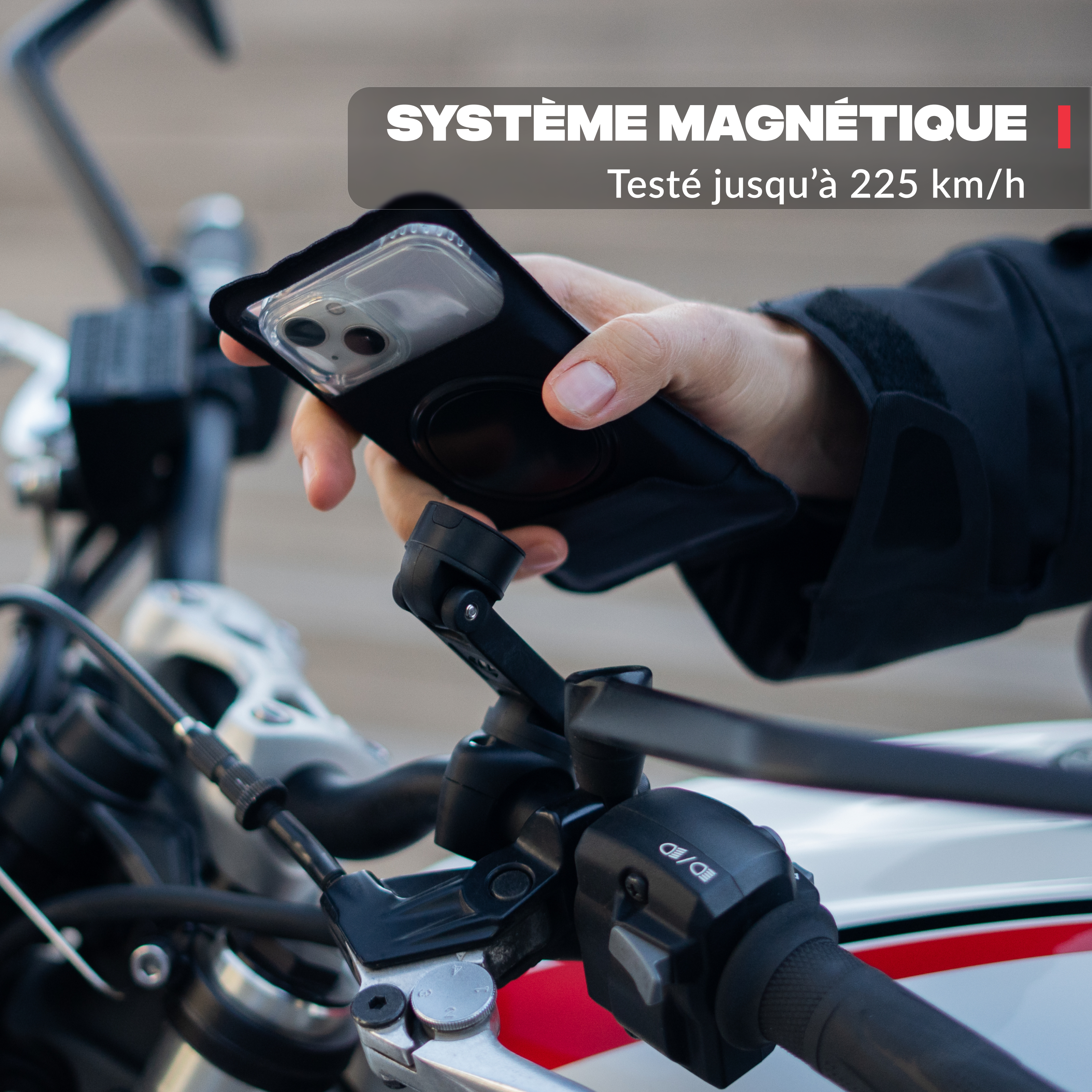 PRO BOOST motorcycle phone mount with 360-degree extension arm mounted on handlebar, best-seller in the motorcycle range