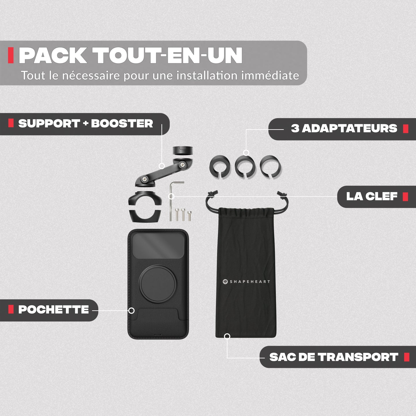 Contenu du pack – Support téléphone moto PRO BOOST Shapeheart